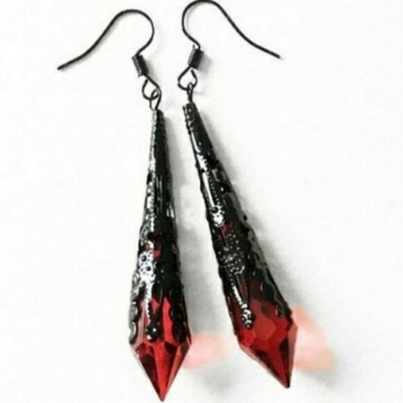 Red Spike Brass Filigree Goth Earrings - Picture 1 of 6